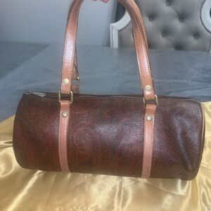 Etro Paisley Papillon Coated Canvas Drum Elegant Brown and Tan Handbag VGUC